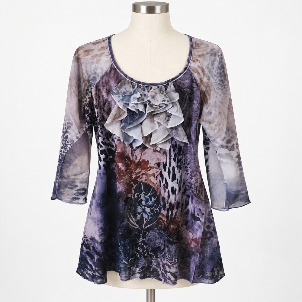 B.L.E.U. Women Blouse Size large Purple Grey Animal Floral Print Ruffle Neck Top